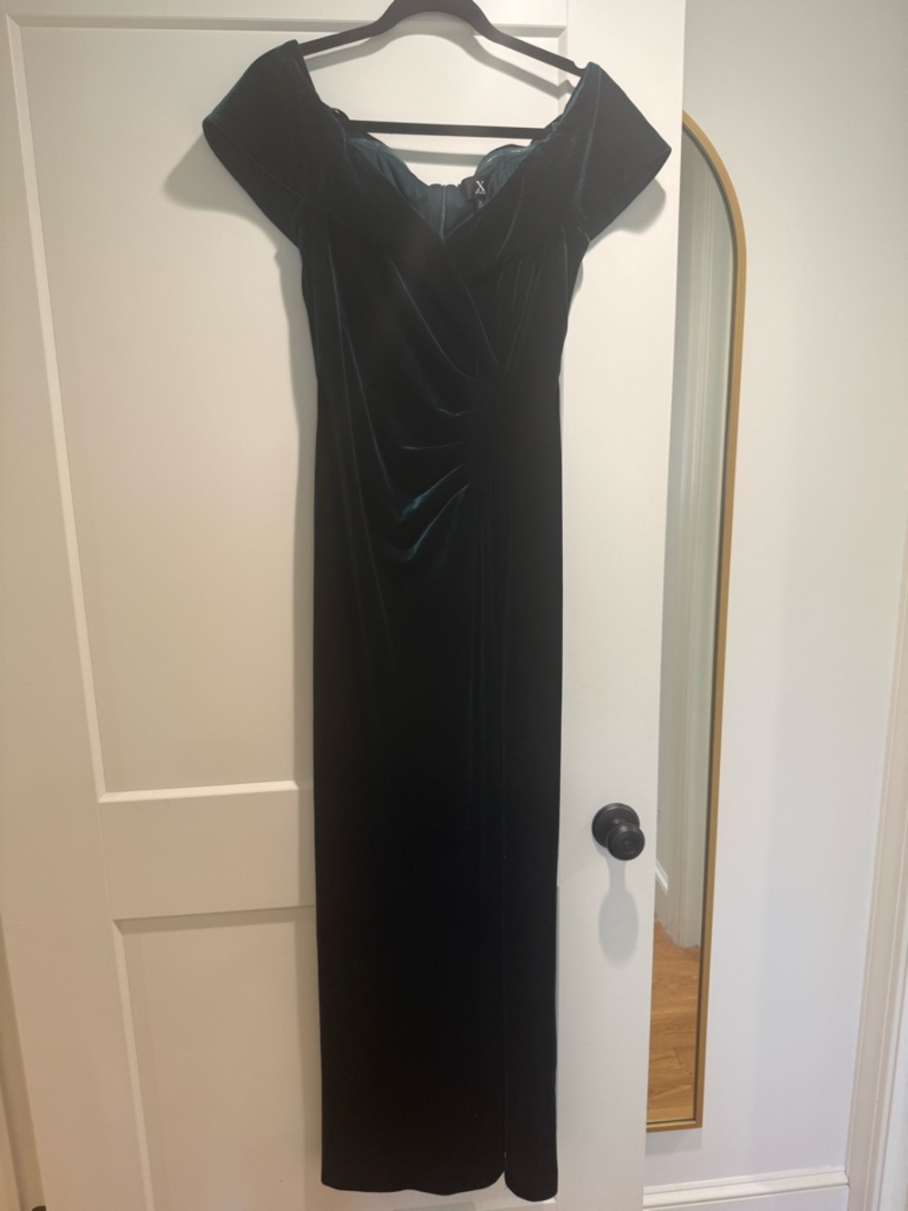 Xscape Off-Shoulder Velvet Maxi Dress in Forest Green